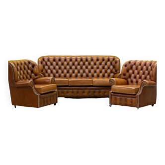Vintage Chesterfield Brown Leather High Back sofa and Armchairs, Set of 3