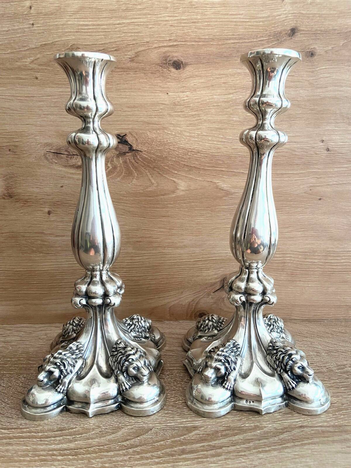 Antique Pair of Solid Silver Flambeaux Candlesticks with Unicorn Hallmark, Early X