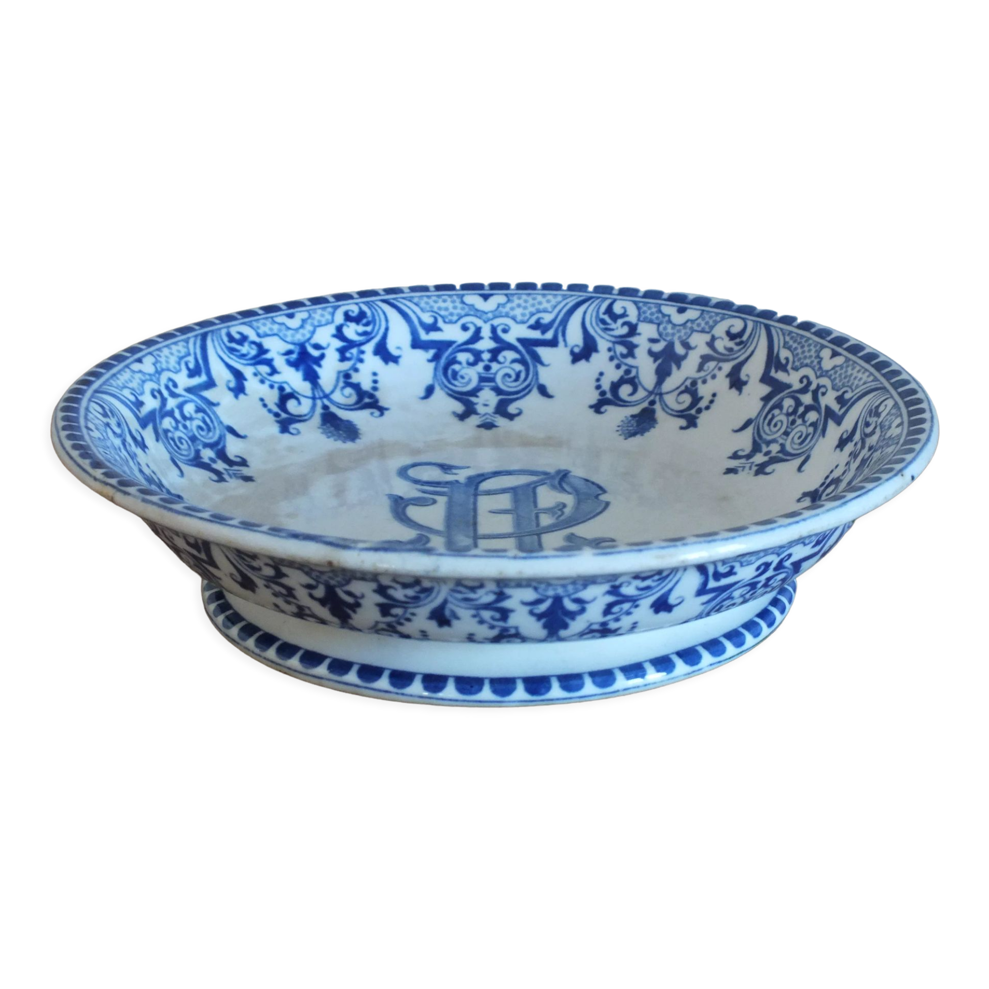 Old hollow cup on pedestal Gien decoration Rouen monogrammed
