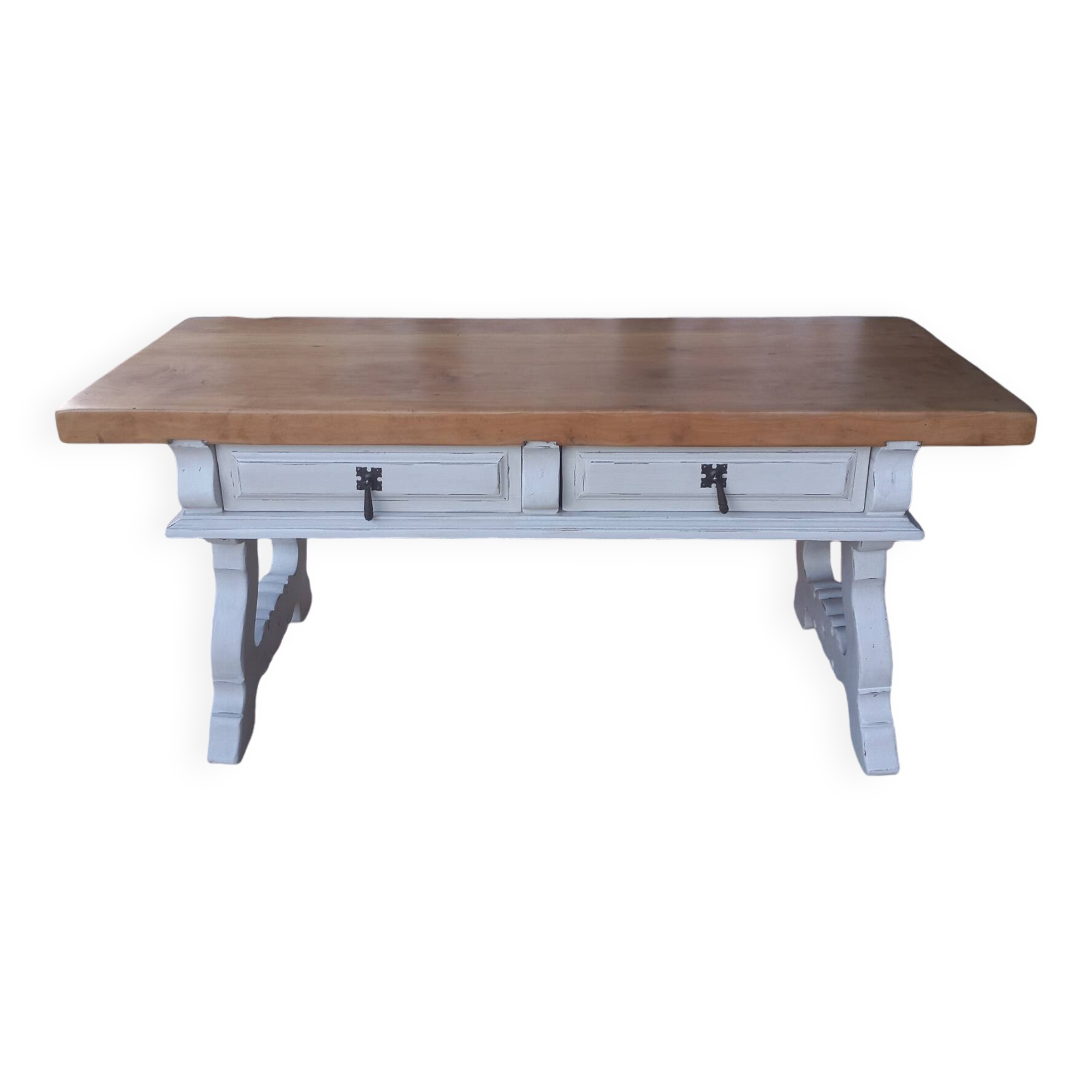 Patinated linen coffee table with raw top