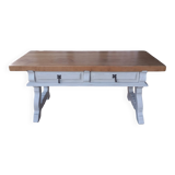 Patinated linen coffee table with raw top