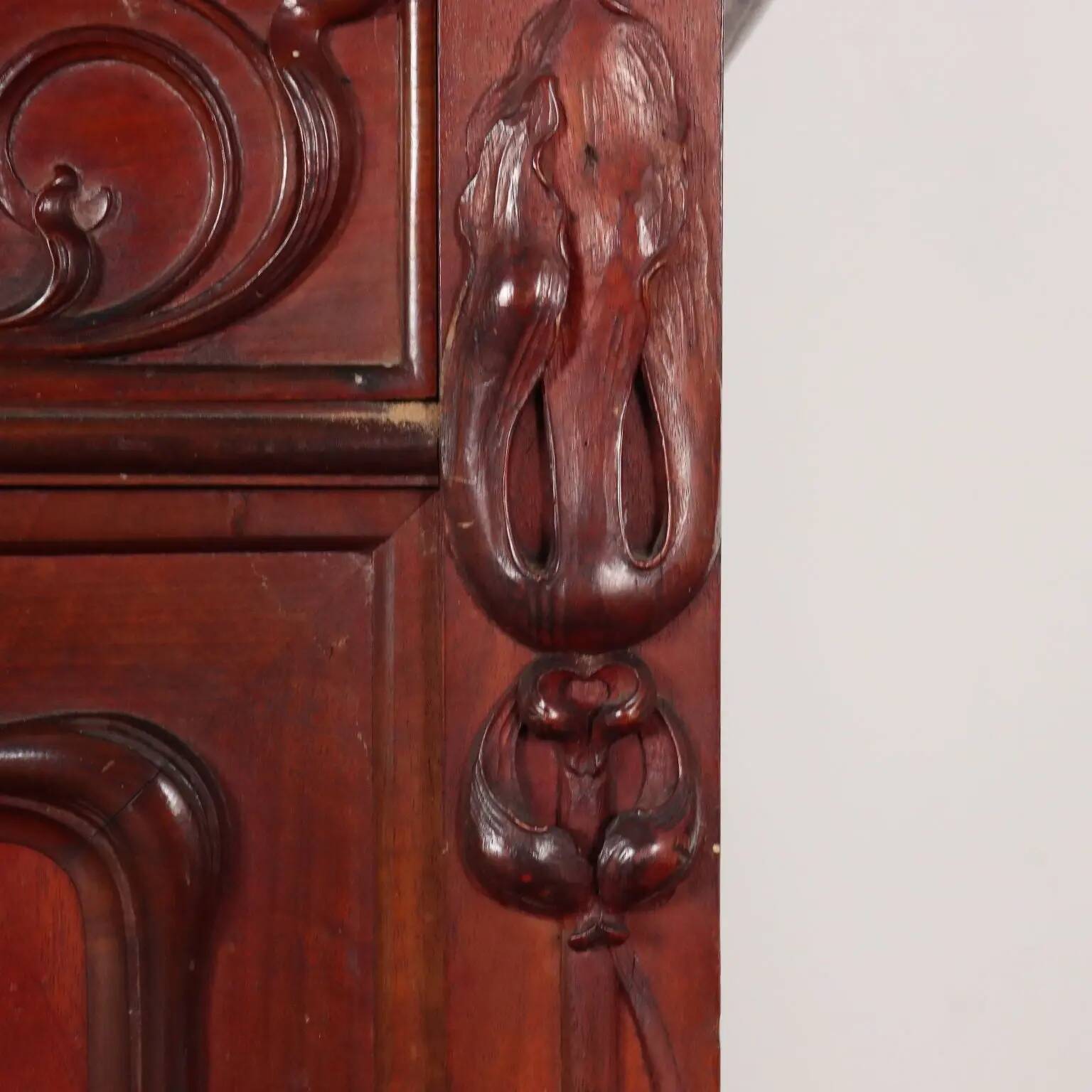 Antique Art Nouveau walnut buffet with decorations, Italy, 19th century.