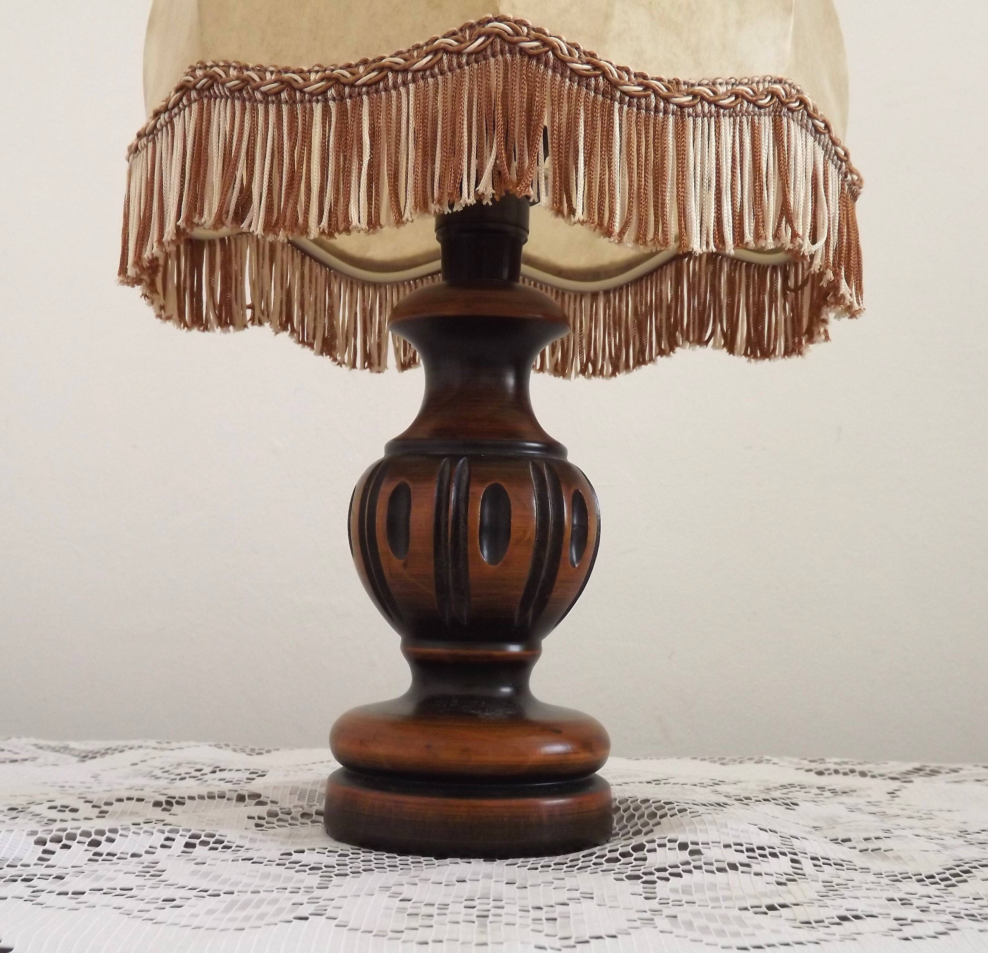 French Mid Century Round Turned Wood Grooved Table Lamp Hide Skin Shade