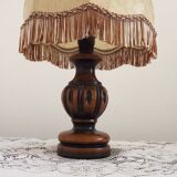 French Mid Century Round Turned Wood Grooved Table Lamp Hide Skin Shade