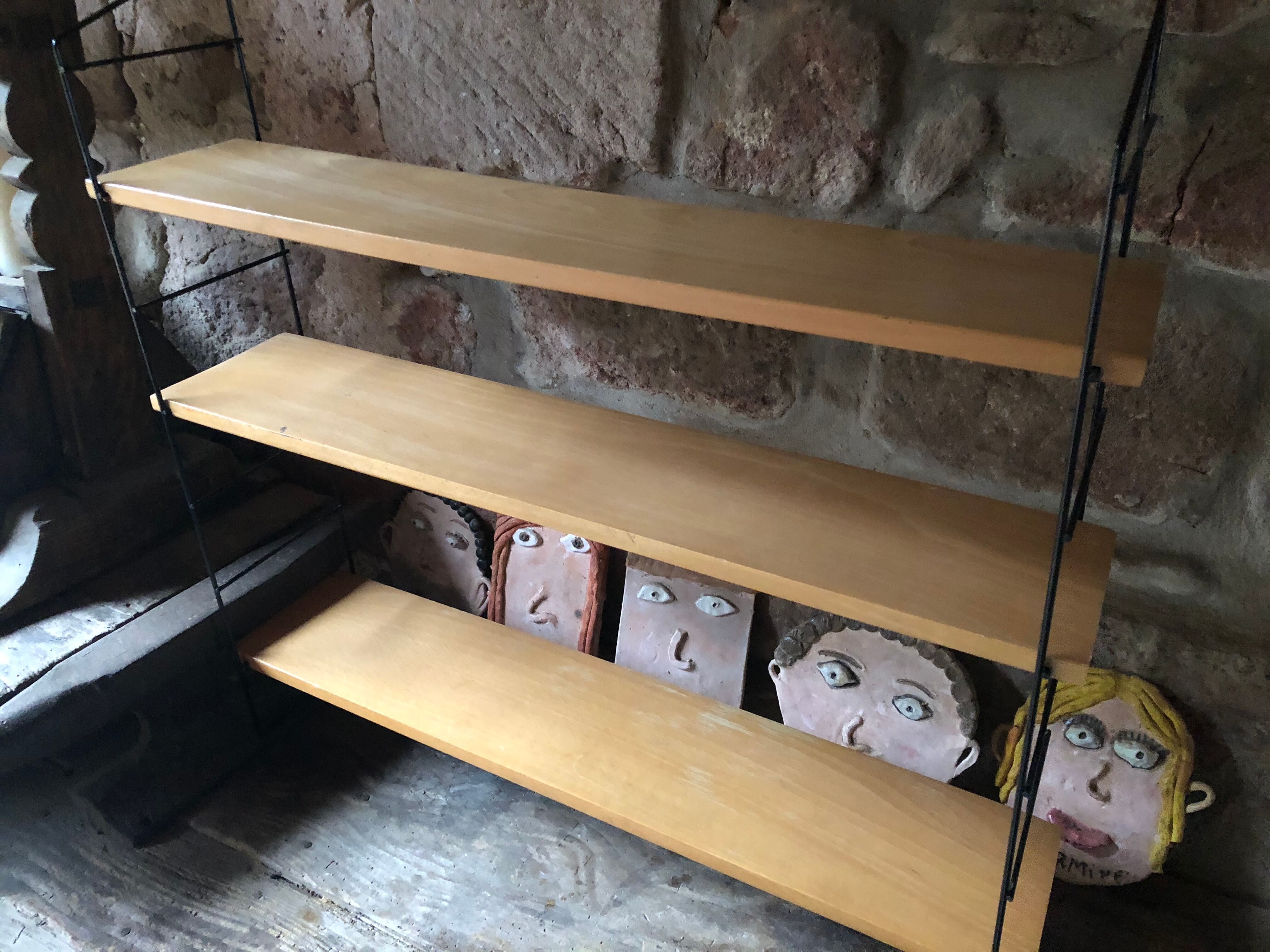 Wall shelf String lacquered metal black and light wood 1960