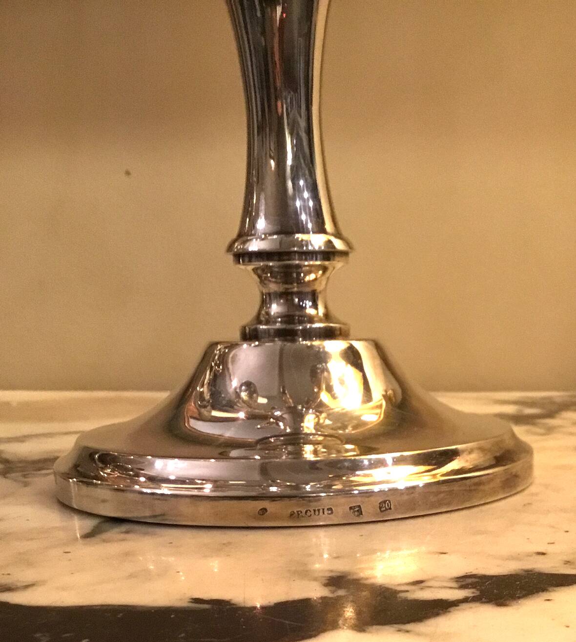 Ercuis House. Pair of three-light candelabra in silver-plated metal