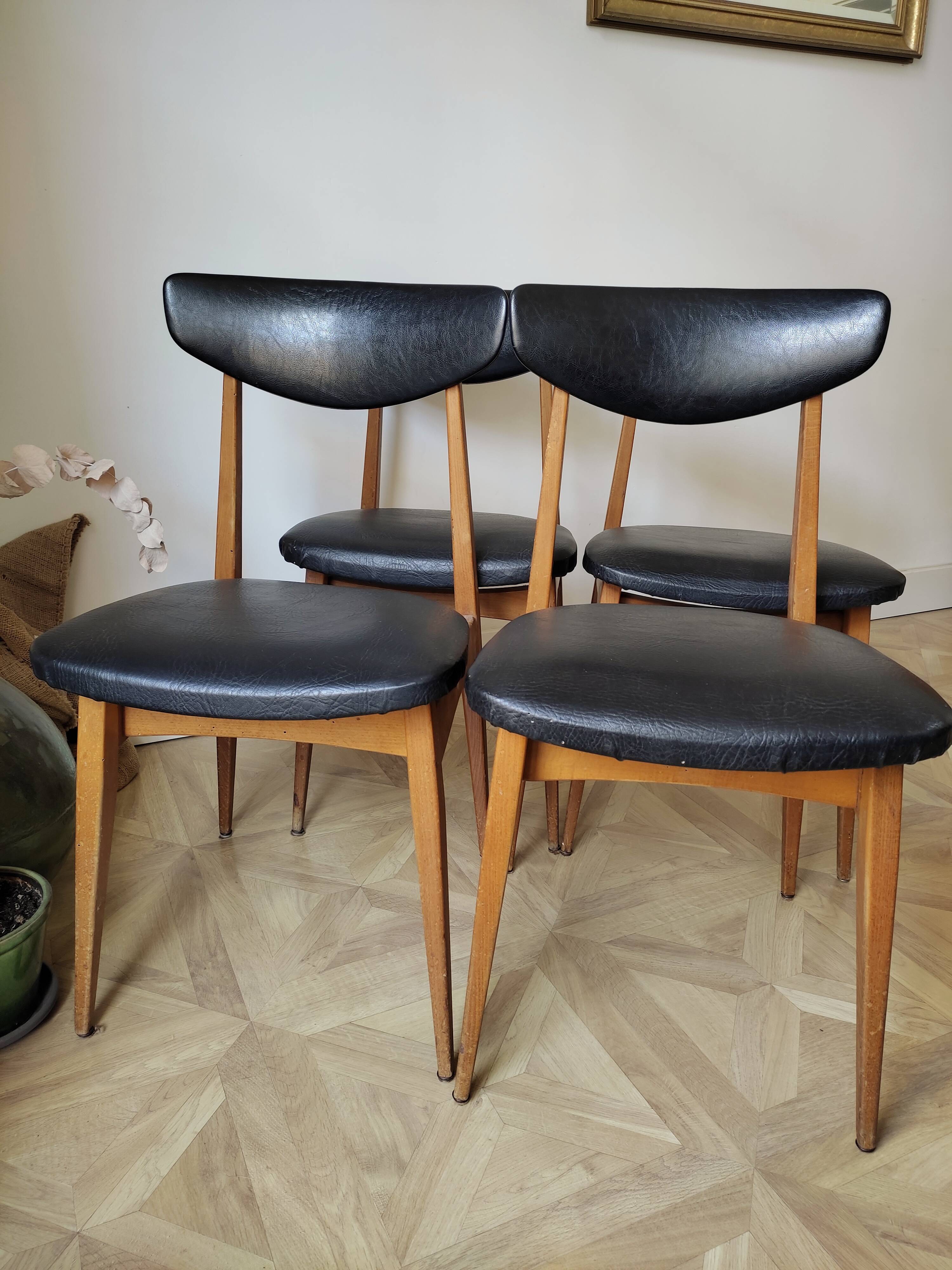 4 chaises scandinaves en skaï et bois