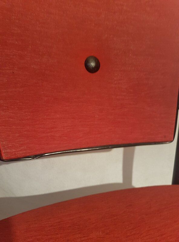 Série de 4 chaises 1950 skaï rouge pieds métal compas