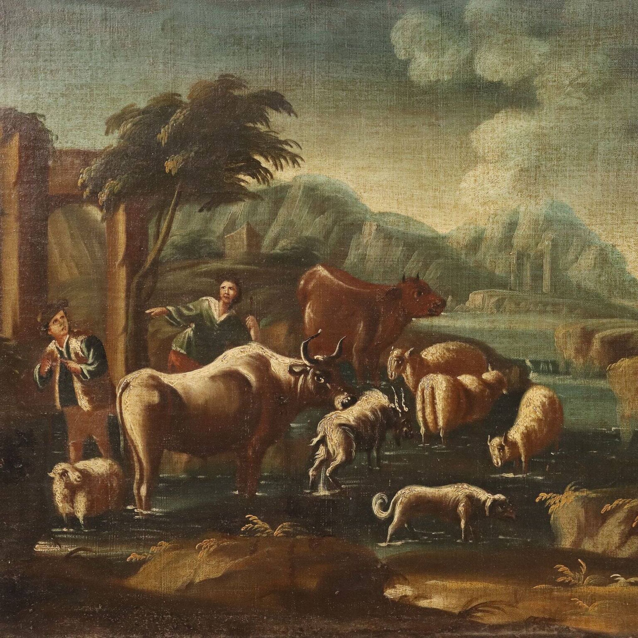 Ancient painting of a landscape with shepherds and herds, 18th century.