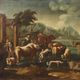 Ancient painting of a landscape with shepherds and herds, 18th century.