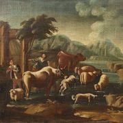 Ancient painting of a landscape with shepherds and herds, 18th century.