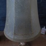 Lamp with base in polished beige-brown stones and its leather lampshade
