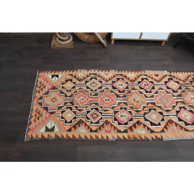 1970s Turkish Oushak Handmade Wool Cotton Orange Runner Rug 103x325