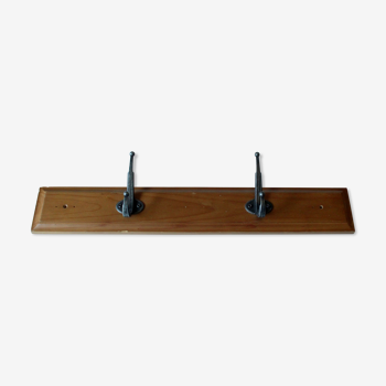 Wall mounted solid wooden coat rack with 2 metal hooks, vintage from the 1970s