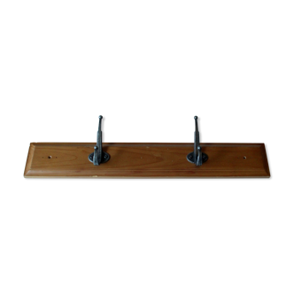 Wall mounted solid wooden coat rack with 2 metal hooks, vintage from the 1970s