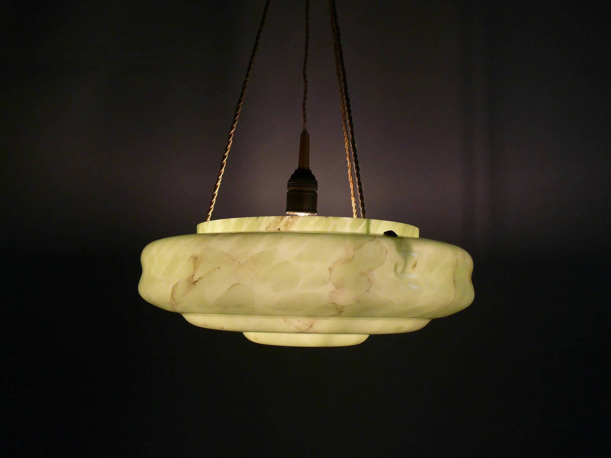 Large Art Deco pendant light in marbled glass with cord suspension, 1920s-1930s