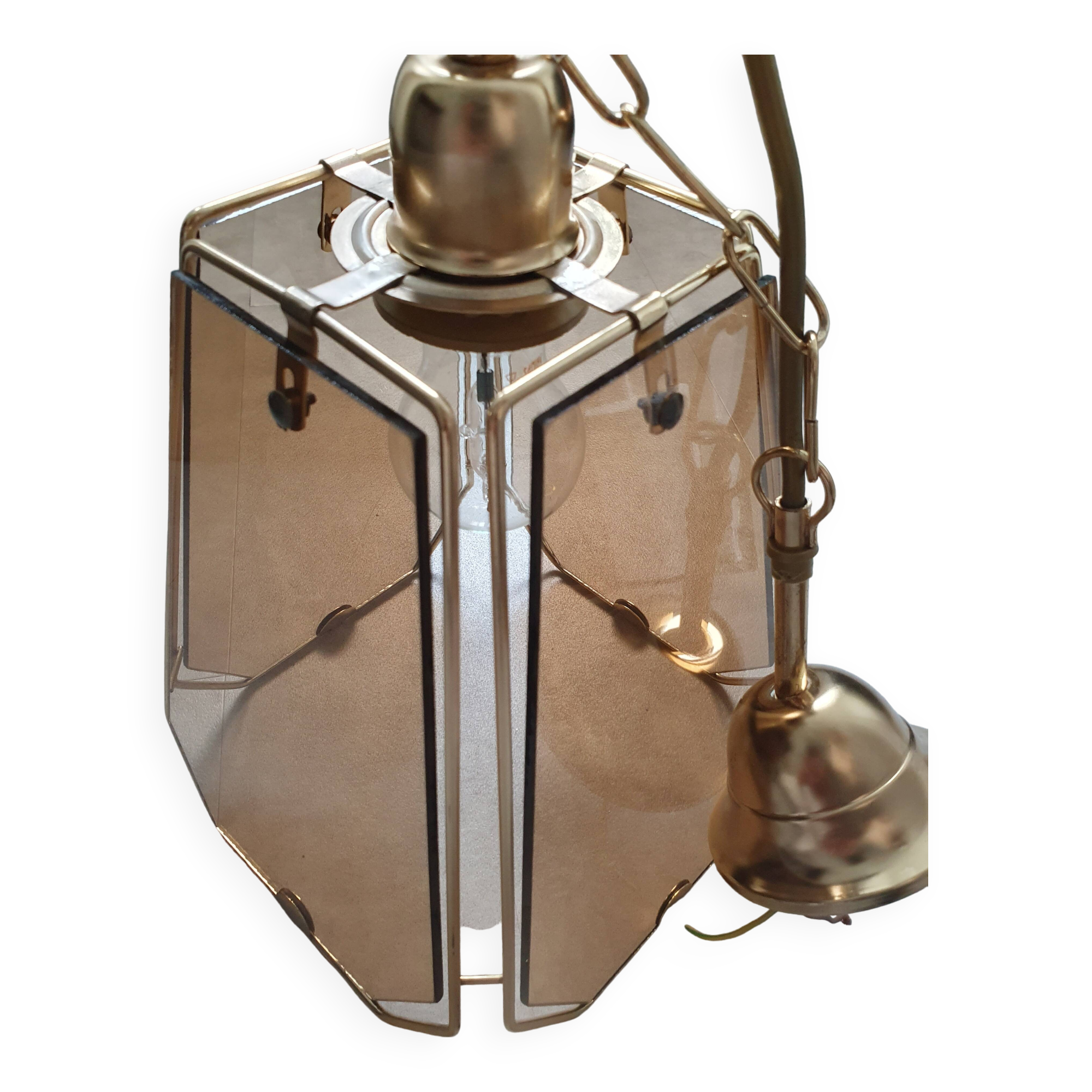 Vintage 70s chandelier in smoked glass and brass