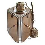 Vintage 70s chandelier in smoked glass and brass