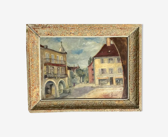 Huile sur panneau, rue d'une ville en France 1940