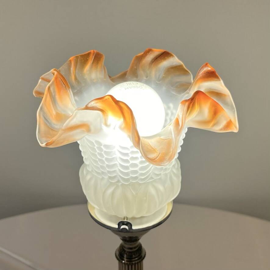 Empire chrome and opaline tulip pleated antique Art Deco bedside lamp
