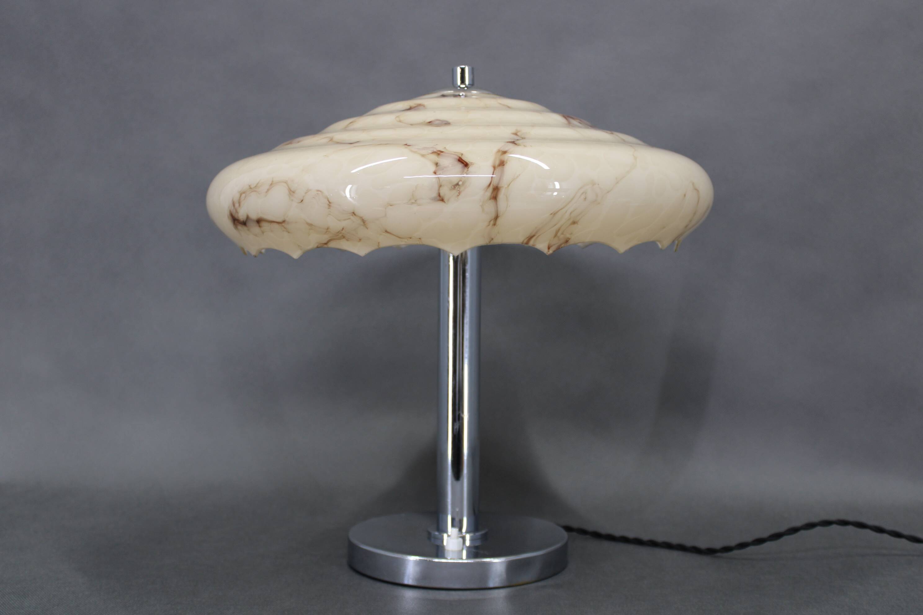 Czechoslovak Art Deco chrome table lamp with marbled glass, 1930s