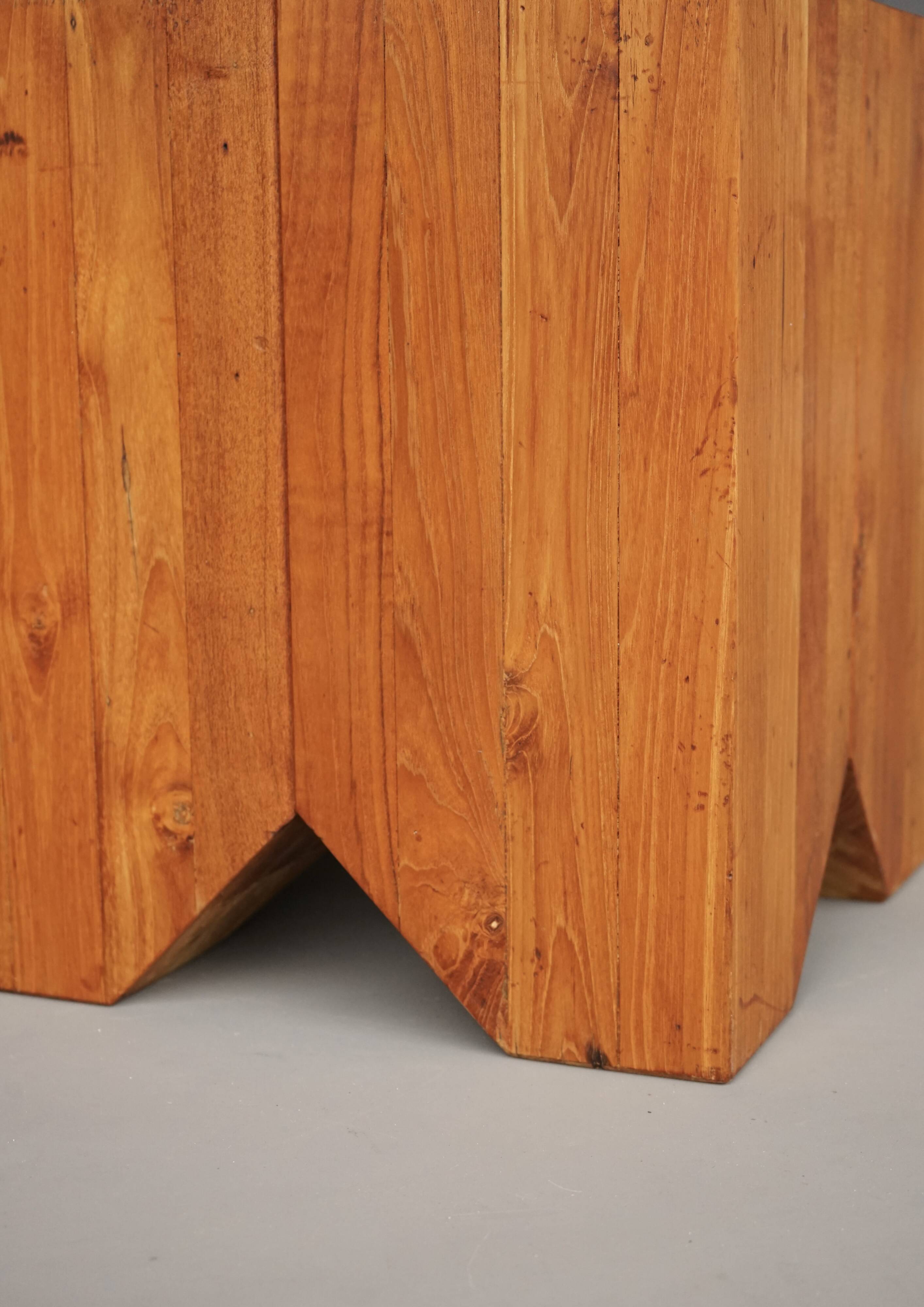 Brutalist solid Teak wood Stool or Side Table. 1990s