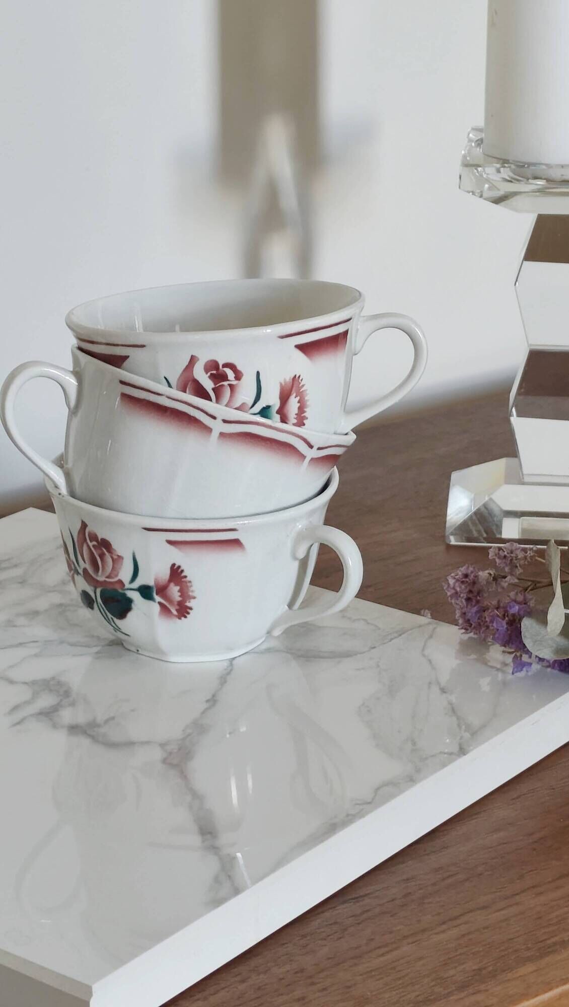 Trio of large antique chocolate cups (Fénal Badonviller – “Red Rose” decoration)