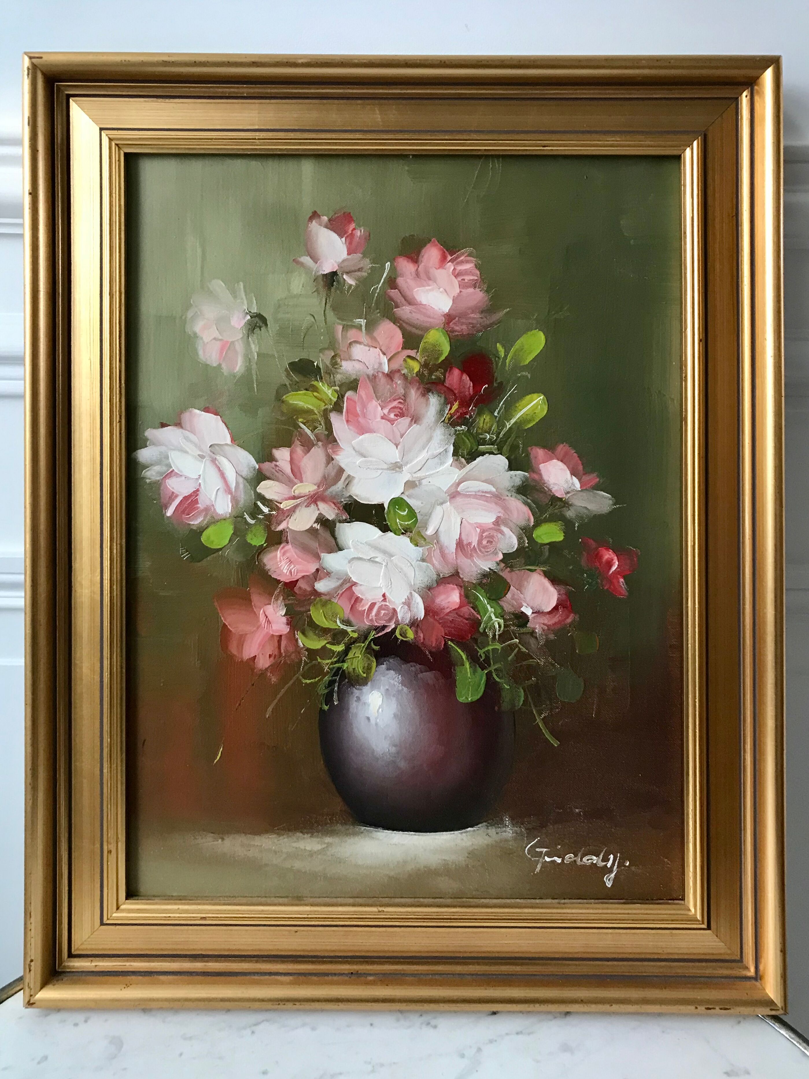 Oil on canvas painting bouquet of flowers signed 80s