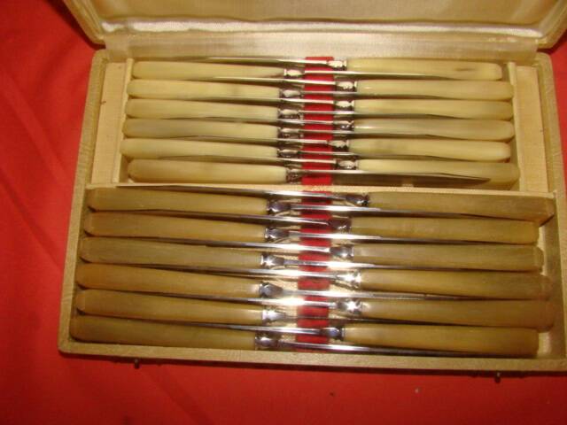 Set of 12 table knives and 12 cheese knives in bone and stainless steel.