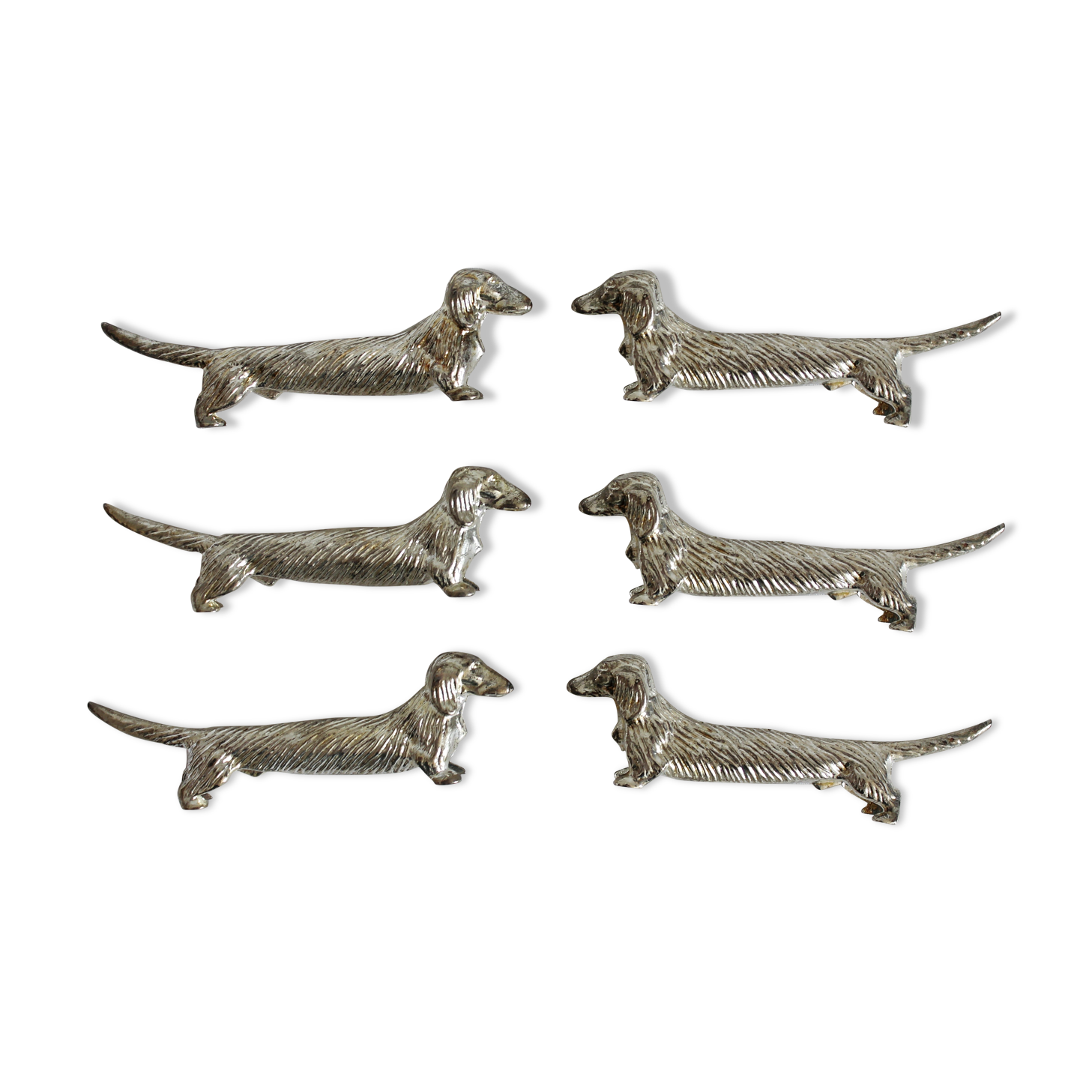 6 dog dachshund knife holders in vintage silver color metal