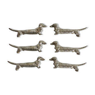 6 dog dachshund knife holders in vintage silver color metal