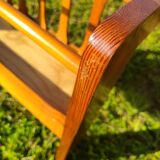Pine coffee table, 1970s marquetry top, vinyl record rack.