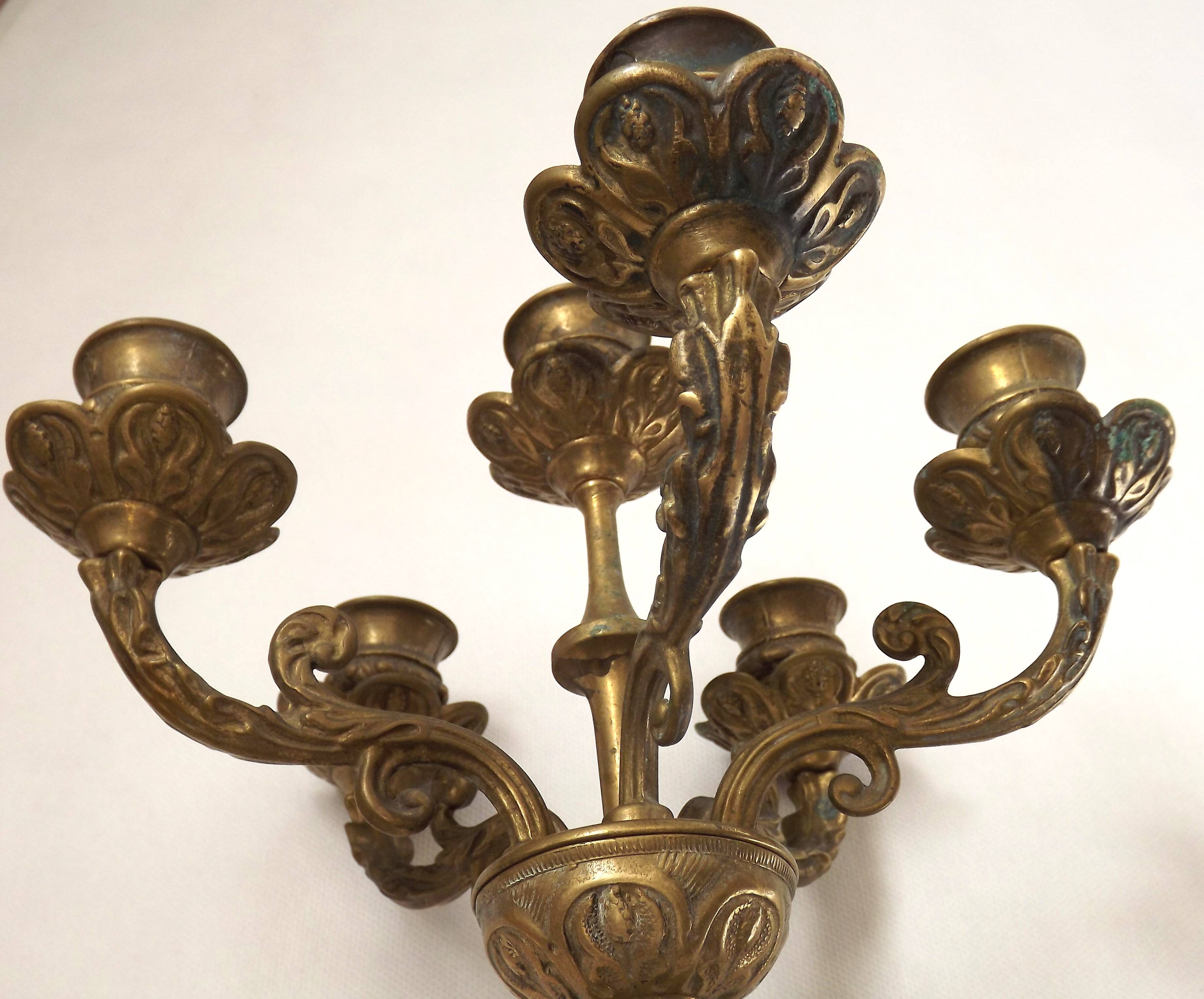 Pair Early 20th Century Rococo Revival Brass 5 Light Candle Wall Sconces