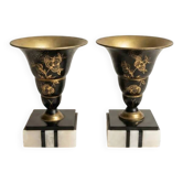 Superbe paire de cassolettes Art Déco en laiton émaillé – socle en marbre noir & blanc - années 1930