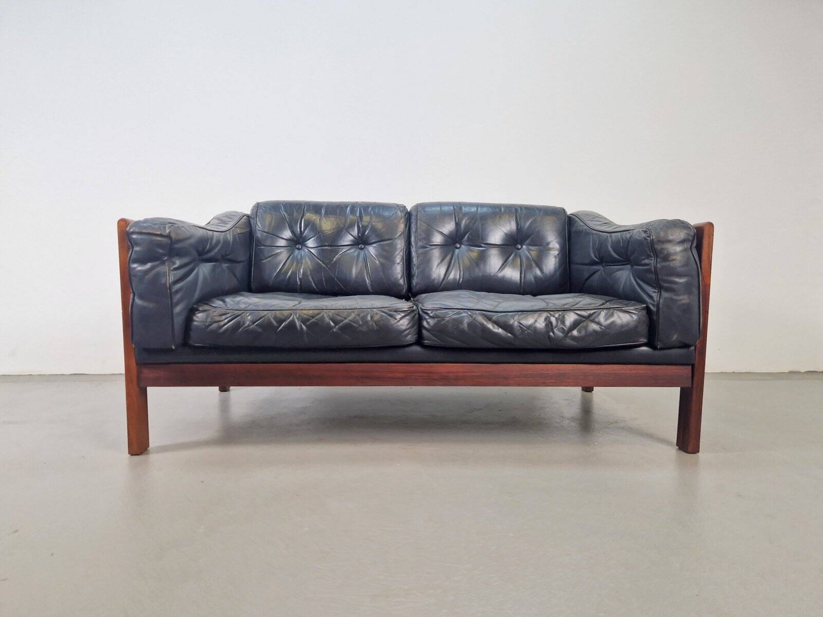 Mid-Century Modern Scandinavian Monte Carlo Sofa in Black Leather and Wood by Ingvar Stockum, 1965