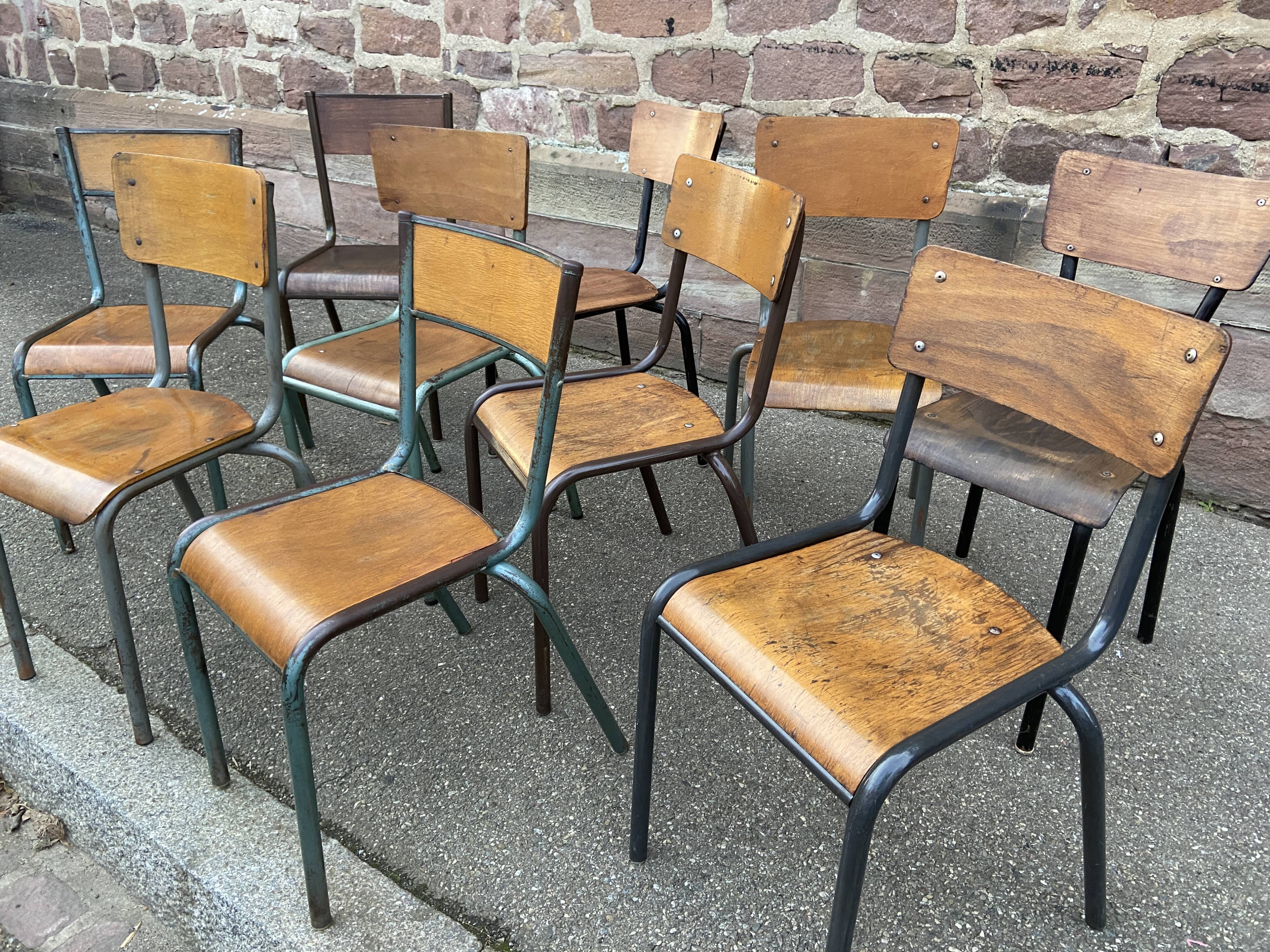 Set of 10 vintage mismatched industrial chairs mullca