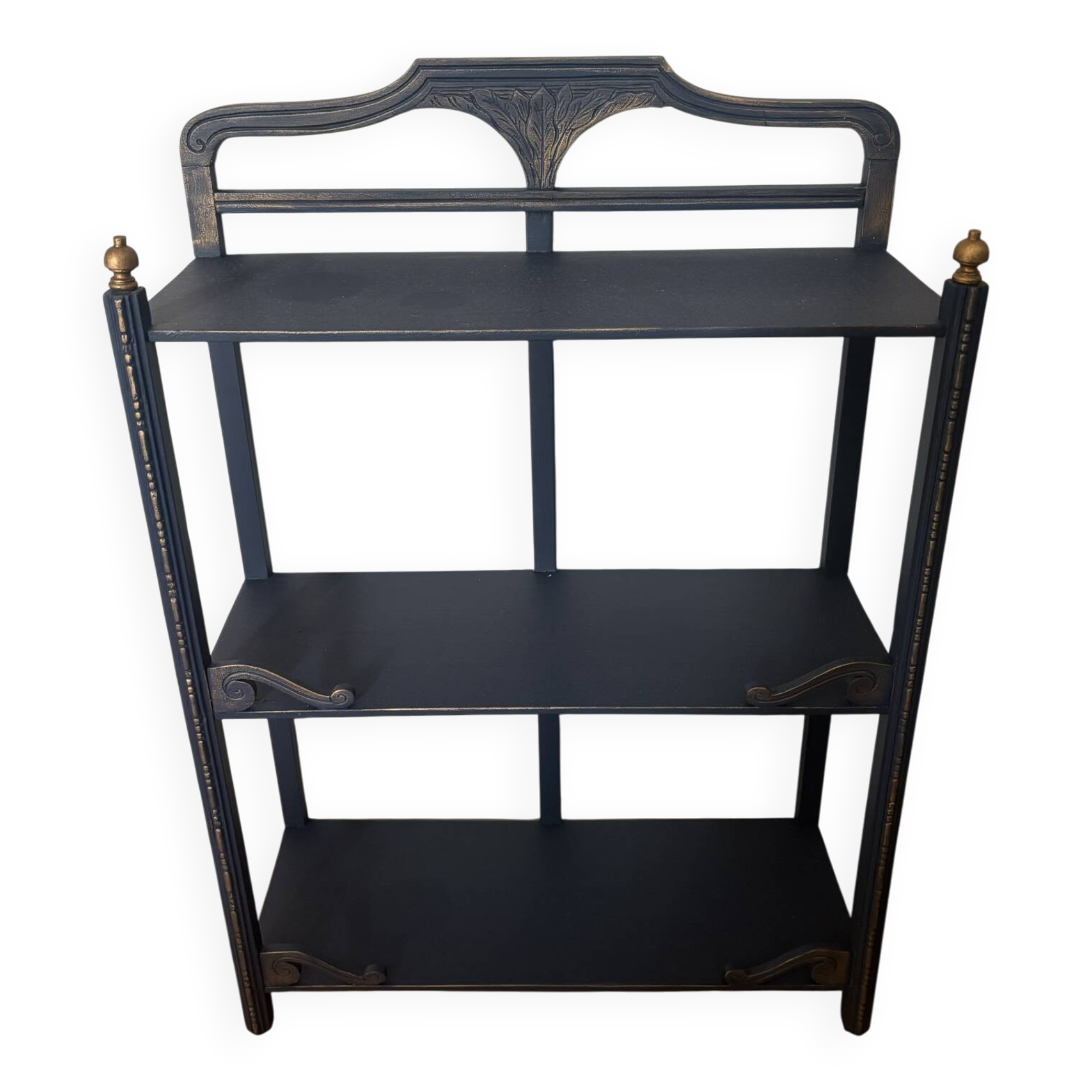 Small vintage shelf reimagined in midnight blue & gold, curiosity cabinet.