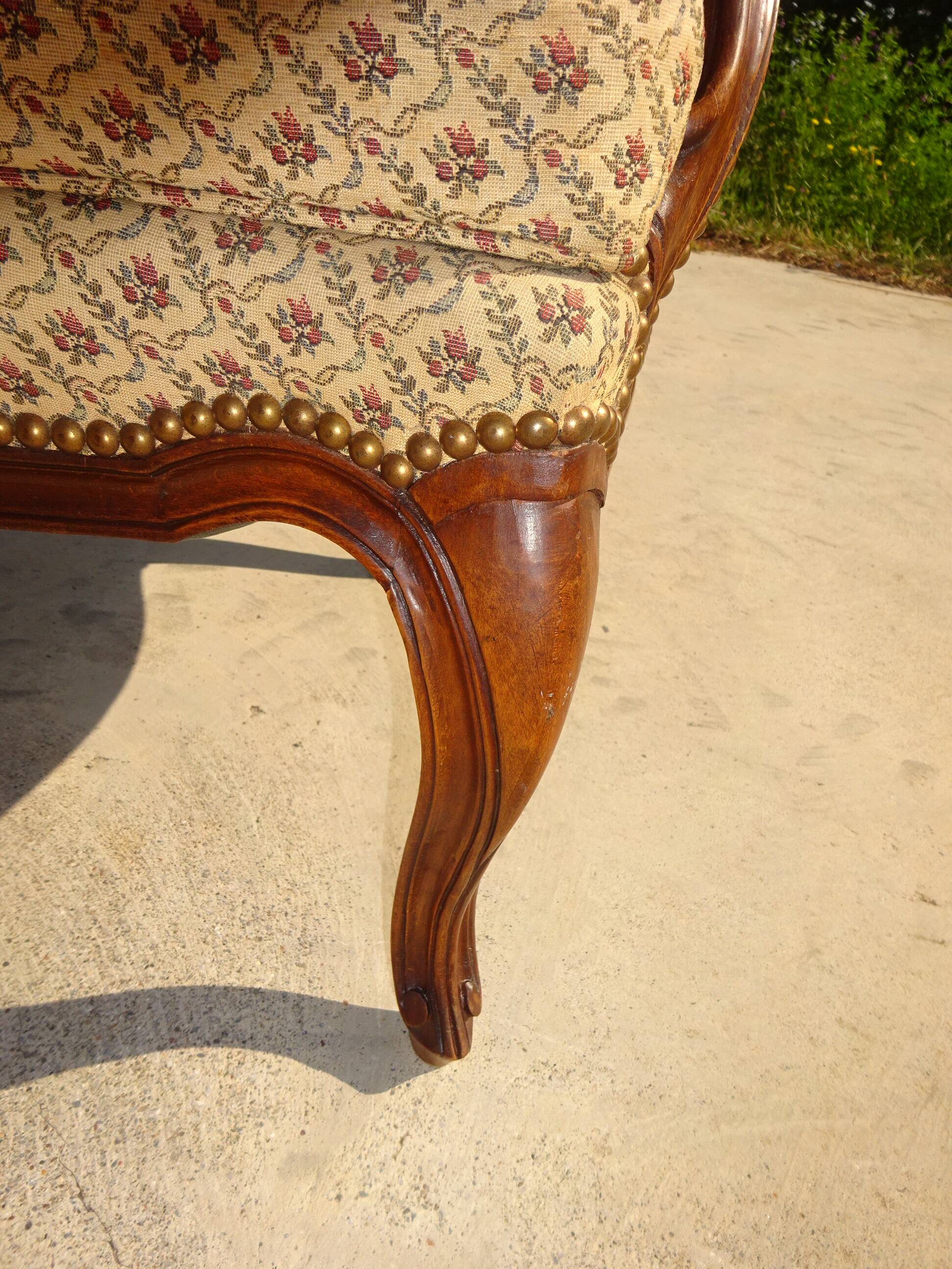 Bergère armchair in walnut and upholstered fabrics, set of 2