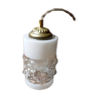 Art deco style portable lamp, textured glass tube, linen cord