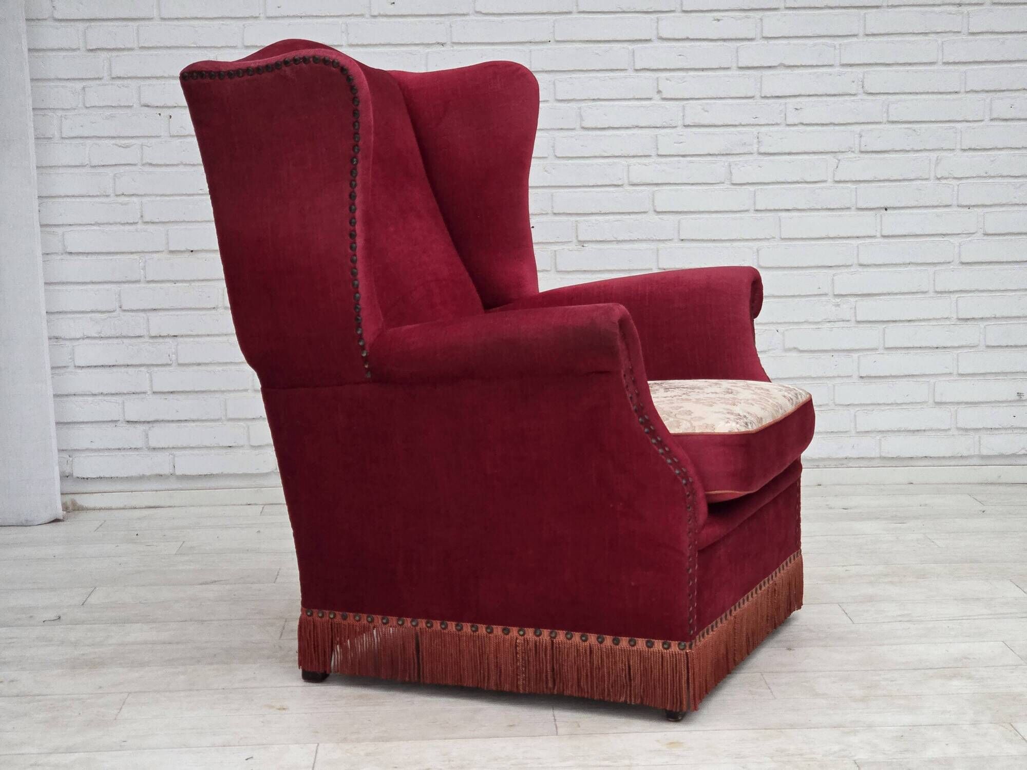 1970s, Danish highback armchair, furniture velour, ash wood legs.