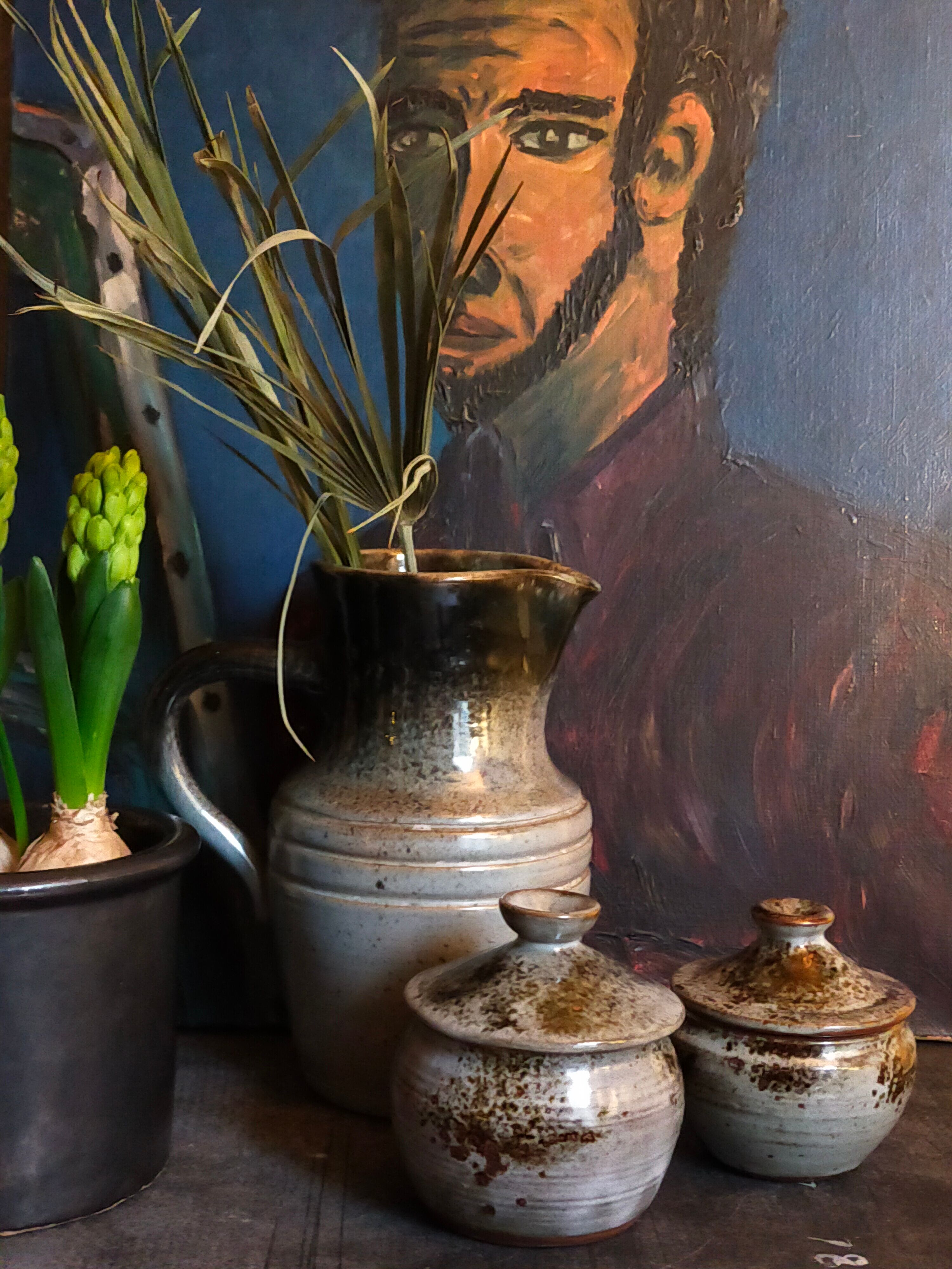 Duo of potter's pots covered in vintage glazed stoneware