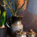 Duo of potter's pots covered in vintage glazed stoneware