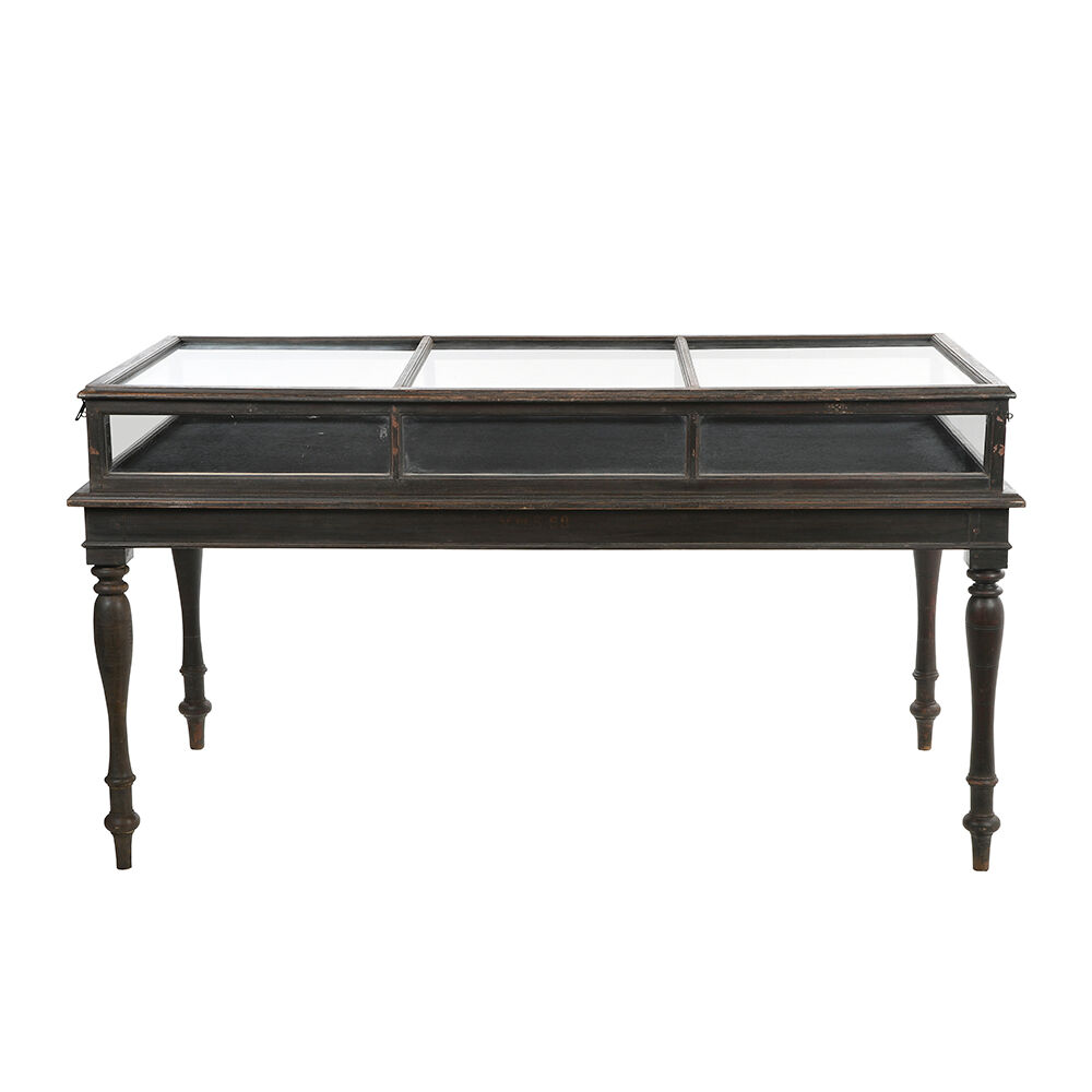 Table de présentation vitrée à bois sombre