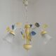 Vintage French 3 Light Chandelier with Blue & Yellow Leaf Glass Shades 5064