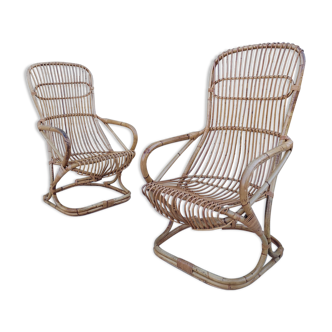 Set of 2 rattan armchairs high backrests