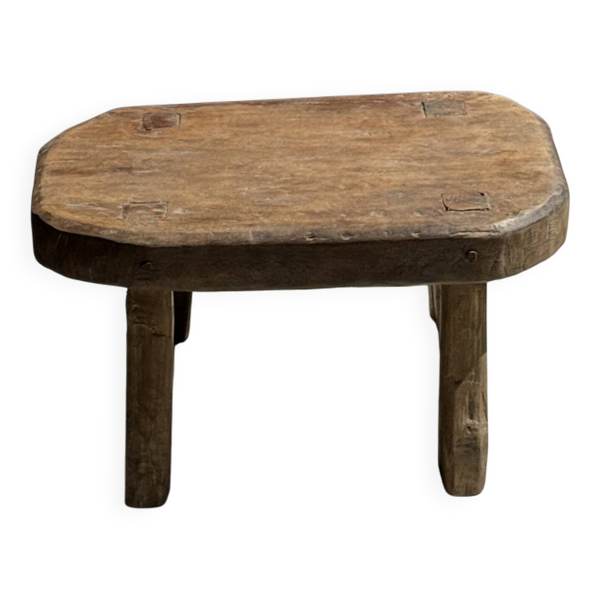 Petit stool, tabouret d'appoint en teck massif ovale wabi-sabi H25 45x31