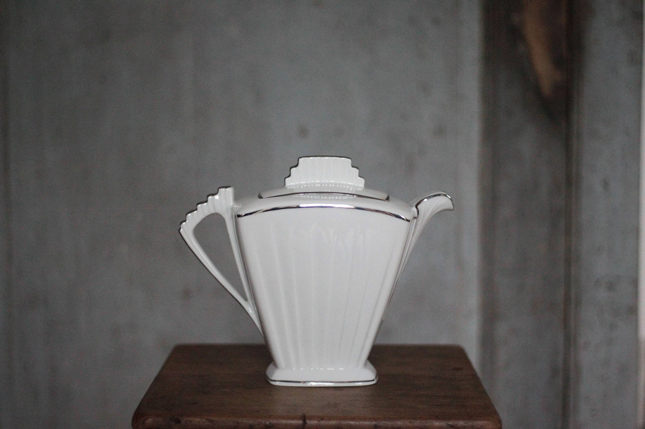Art Deco porcelain teapot in a fan shape, Limoges porcelain coffee pot