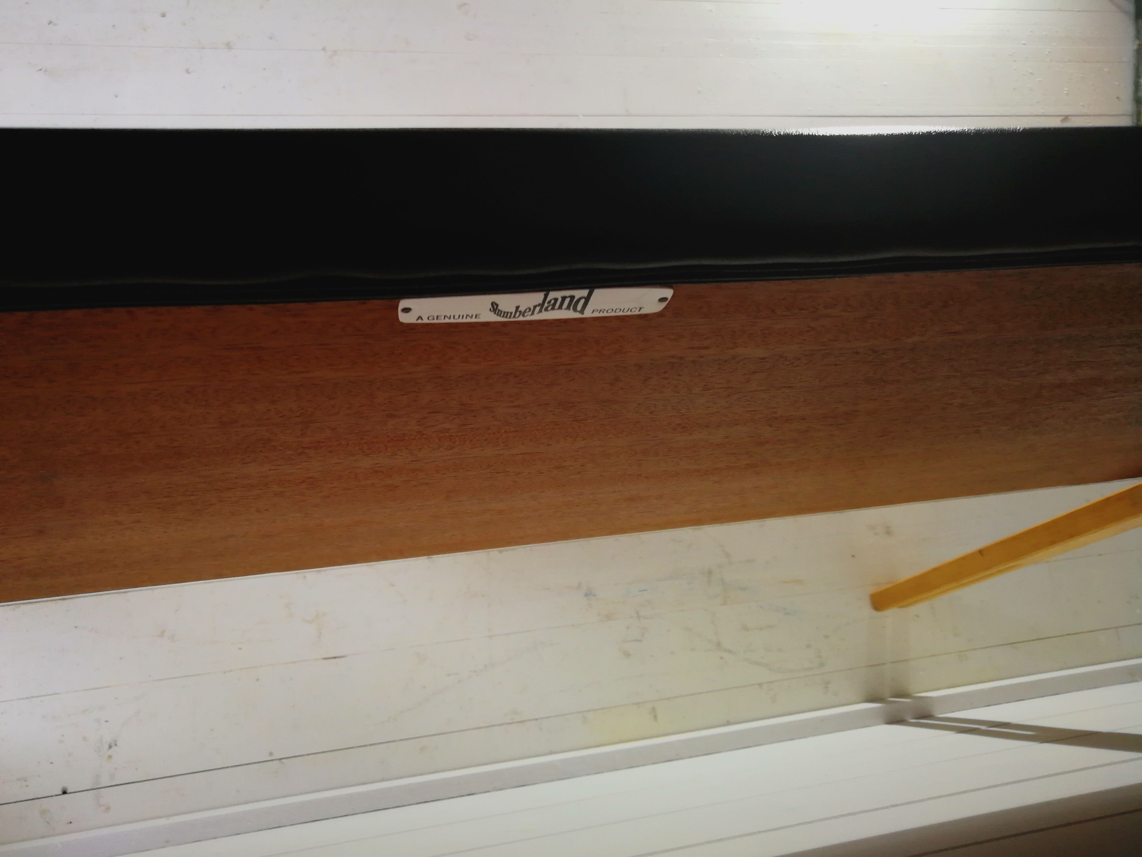 Mid century 1970s retro teak headboard with two hinged bedsides, upholstered in black by 'slumberlan