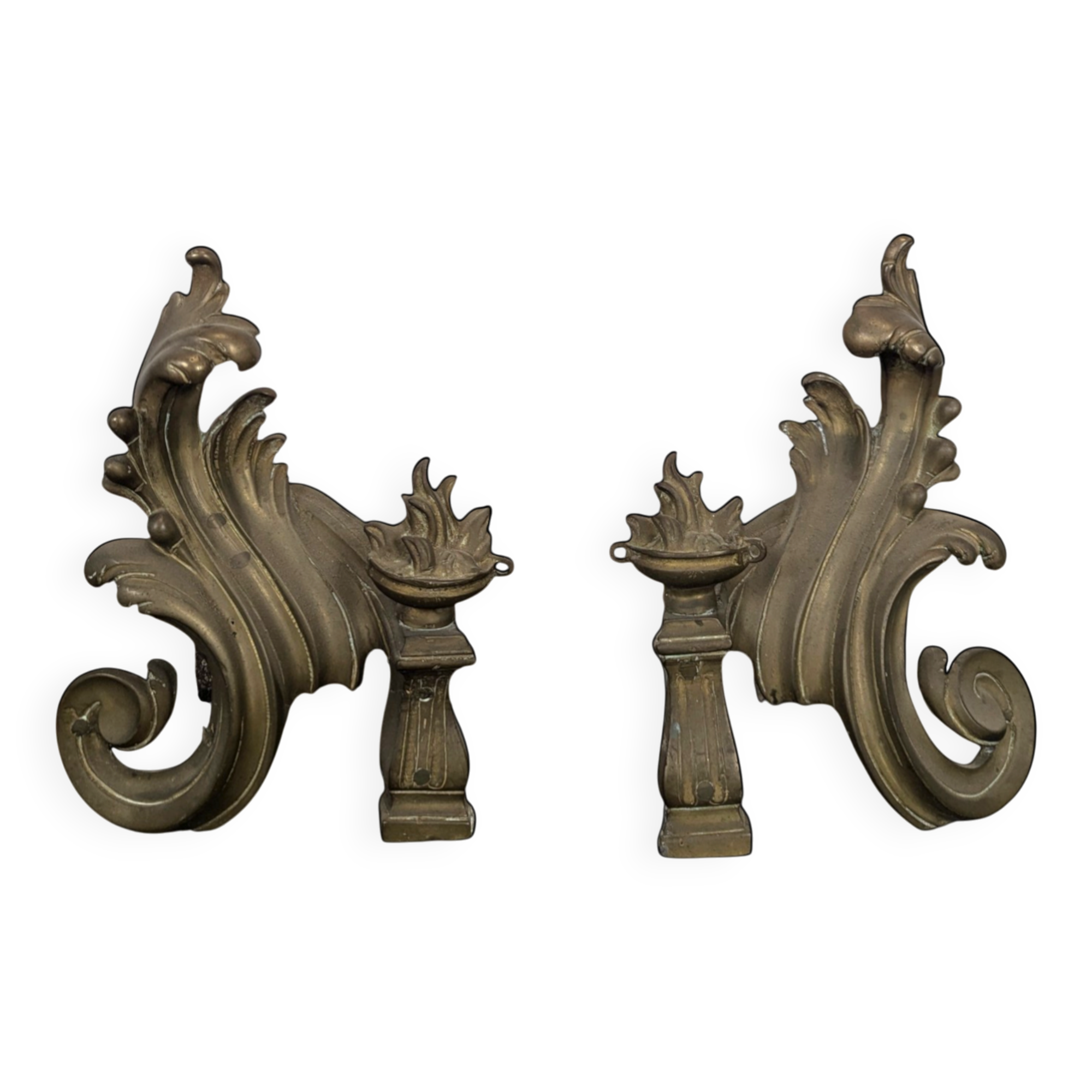 Pair of rocaille bronze andirons in Louis XV style
