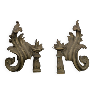 Pair of rocaille bronze andirons in Louis XV style